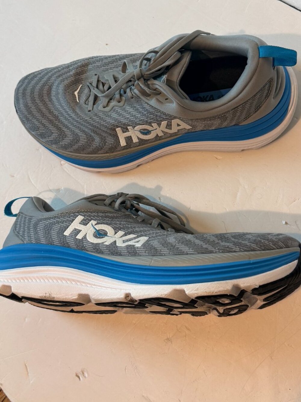 Hoka Gaviota 5 Men's Size 14 2E Wide EUC Limestone Gray / Blue CLEAN  Excellent